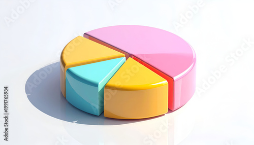 A vibrant, three-dimensional pie chart with distinct color segments is presented against a clean white background, symbolizing data representation and analysis.