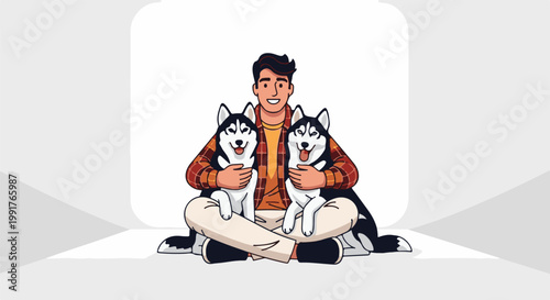 A happy person in a checkered shirt sits cross-legged with two huskies