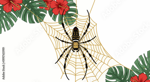 A large yellow and black spider sits on a golden web, framed by tropical leaves and red hibiscus flowers