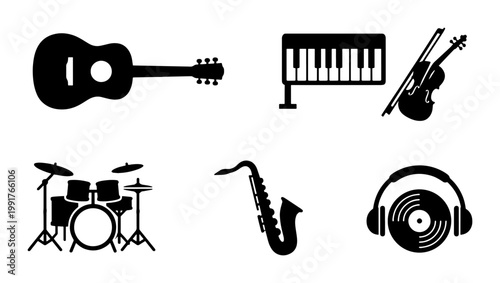 Musical instrument icons set, black silhouette vector collection of guitar, drums, and piano, minimalist music equipment symbols for concert posters