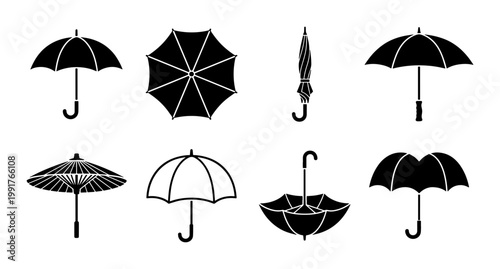 Black umbrella vector icons set, minimalist parasol silhouettes in various positions, 8 weather protection symbols for rain and sun design