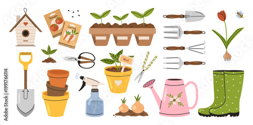 Set of garden tools. Farmers craft and agricultural work. Spring time. Vector flat illustration cute spring gardening elements. Horticulture.