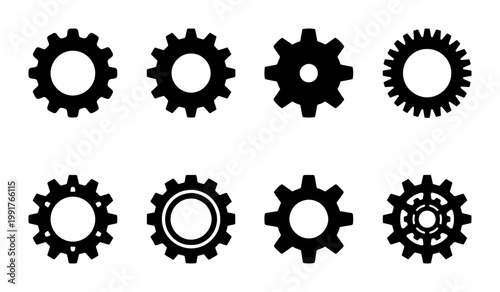 Industrial gear icons set, black mechanical cogwheel vector collection, 8 engine gear symbols for engineering and technology design