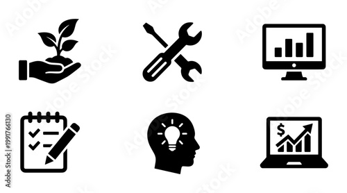 Minimalist business icons set, black solid vector symbols for corporate strategy, professional management and financial growth icons collection