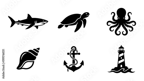 Nautical black silhouette icons set, sea life animal vector illustrations, shark turtle octopus shell anchor and lighthouse symbols for marine branding