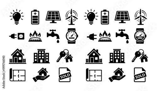 Real estate and utility icons set, black flat vector symbols for home energy and property management, 24 residential service elements for web design