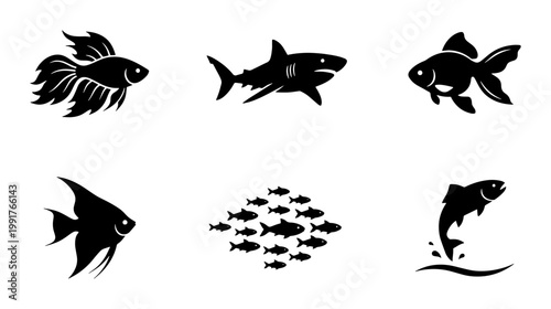 Black fish silhouette icons set, minimalist aquatic animal vector graphics, shark and goldfish symbols, school of fish and marine life illustrations