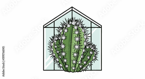 A green cactus with white spines stands inside a simple greenhouse structure