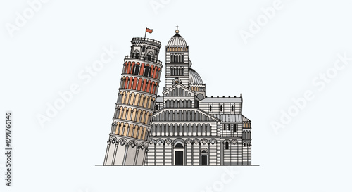 A leaning tower stands next to an ornate domed cathedral with striped detailing and arched entrances