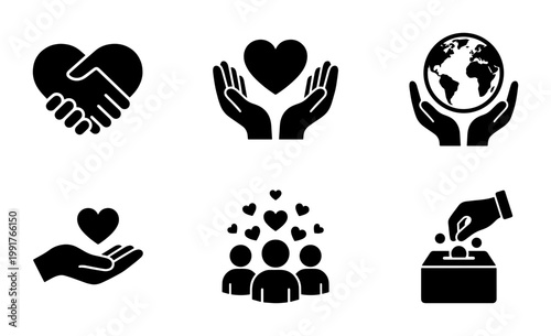 Charity and donation icon set, black solid vector symbols for non-profit organizations, community support and global volunteering concepts
