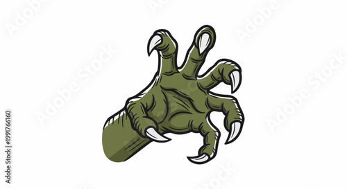 A green, clawed hand, outlined in black, reaches out with sharp, white talons extended
