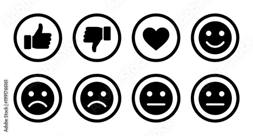 Minimalist social media reaction icons, set of 8 black feedback symbols, thumbs up and down vector elements, customer satisfaction rating emoticons
