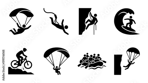 Extreme sports icons set, black silhouette adventure activity symbols, 8 vector pictograms for outdoor recreation and adrenaline hobbies