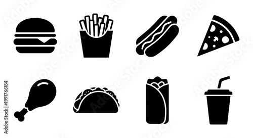Fast food icon set with 8 black solid glyphs, junk food restaurant menu symbols, burger pizza and taco vector illustrations for takeout delivery apps