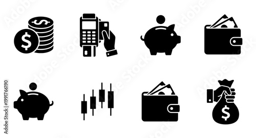 Financial icon set with 8 black solid vector elements, money and banking symbols, business finance and investment graphics for web design