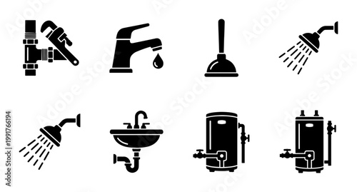 Plumbing service icons set, professional plumber tools and bathroom fixtures, black vector silhouettes of water heater and faucet