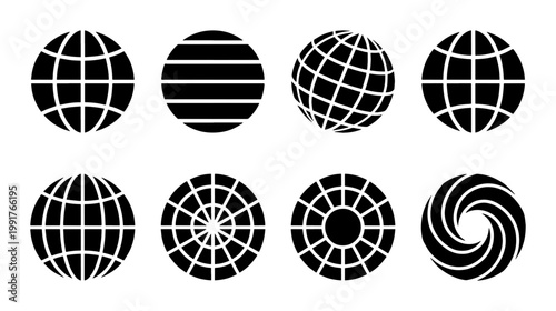 Minimalist globe icon set, black earth sphere vector collection, 8 geometric world map symbols for global business and web navigation