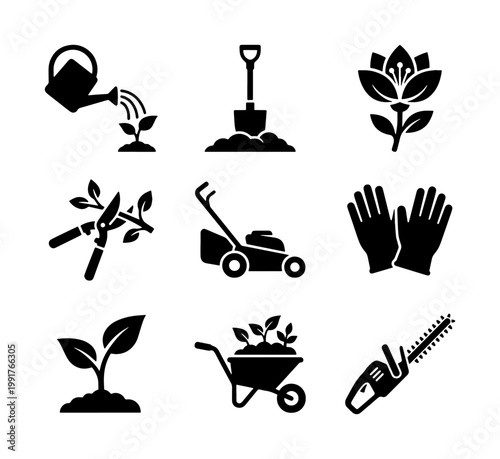 Gardening tools icon set, black silhouette garden equipment collection, 9 vector icons for landscaping and horticulture maintenance