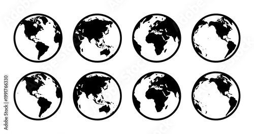 Minimalist world globe icons set, black and white earth sphere vector collection, global map symbols showing different continents and hemispheres