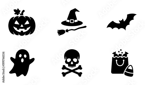 Halloween silhouette icons set, spooky holiday vector symbols, black pumpkin ghost and skull collection, 6 festive autumn celebration elements