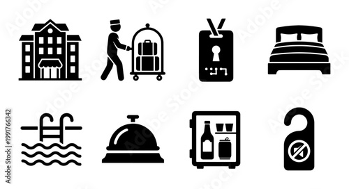 Hotel service icons set, black solid hospitality symbols, 8 travel and tourism vector elements for booking apps and signage