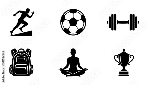 Minimalist sports icon set, black silhouette fitness and athletics symbols, collection of 6 vector icons for gym and wellness branding