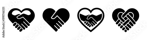 Handshake heart icon set, black and white partnership symbols, 4 vector elements representing trust and collaboration, charity and unity logos