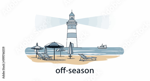 A lighthouse stands on a deserted beach with umbrellas and chairs, a boat on the water