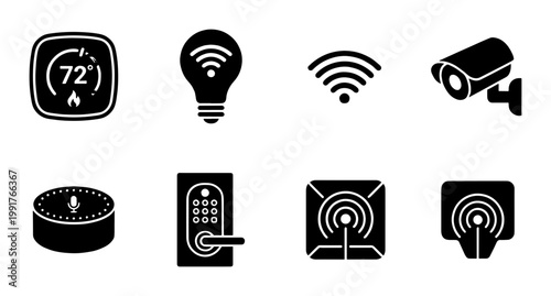 Smart home automation icon set, 8 black solid vector symbols for internet of things, home security and remote control technology interface
