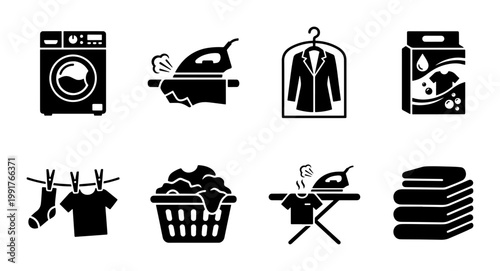 Laundry service icon set, black solid vector symbols for washing machine and ironing, 8 professional cleaning and garment care elements