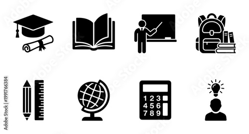 Education icon set with 8 black solid vector symbols, school and university learning elements, graduation cap and academic study icons for web design