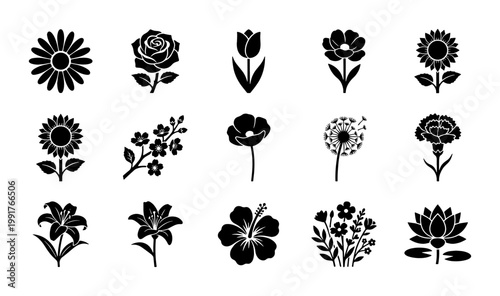Minimalist black flower icons set, 15 floral silhouette vector elements, botanical garden plant symbols for logo design and web interface