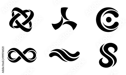 Minimalist black logo symbols set, 6 abstract geometric vector icons, modern corporate branding elements, infinity and wave shapes for identity design