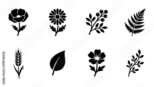 Minimalist floral icons set, black botanical vector silhouettes, collection of 8 nature elements including poppy daisy fern and wheat for logo design