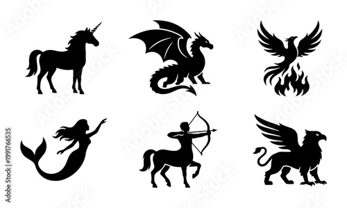 Mythical creatures silhouette icons, set of 6 fantasy beast vectors including dragon and unicorn, black folklore monster symbols on white background