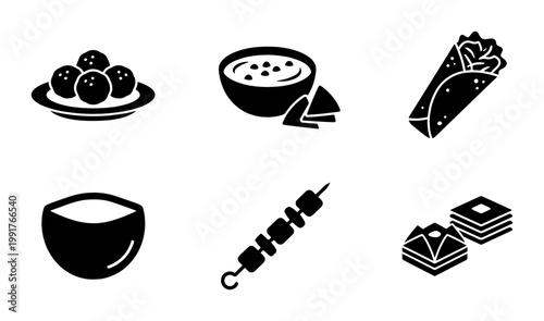 Middle Eastern food icon set, traditional Arabic cuisine glyph vectors, falafel and hummus bowl illustrations, shawarma and kebab symbols for restaurant menus
