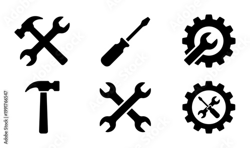 Industrial repair tool icons set, black silhouette hardware symbols of hammer wrench and screwdriver, mechanical service and maintenance vector graphics