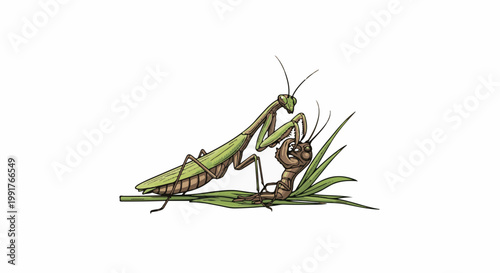 A green praying mantis is shown catching a brown grasshopper