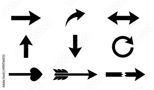 Minimalist black arrow icon set, 9 directional vector symbols, simple navigation pointers for web design, flat geometric arrowheads on white background