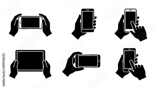 Minimalist black silhouette icons of hands holding smartphones and tablets, mobile device touch screen gestures, vector set of 6 electronic gadget symbols