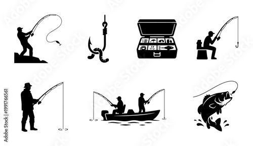 Fishing silhouette icons set, professional angler and fisherman equipment vector collection, black fishing gear and tackle box graphics