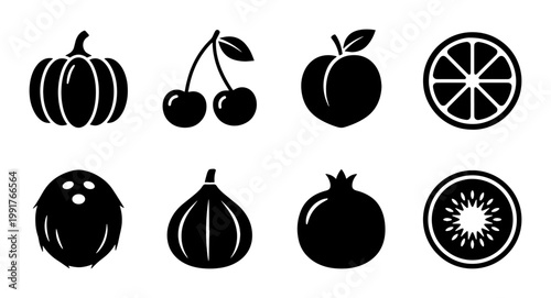 Minimalist fruit icons set, black solid vector silhouettes of pumpkin cherry peach orange coconut fig pomegranate and kiwi, healthy food symbols