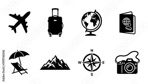 Travel icons set with 8 black silhouettes, vacation and tourism vector elements, airplane and luggage symbols for trip planning and world exploration