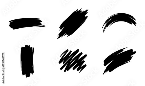 Black paint brush strokes set, hand drawn ink texture elements, 6 artistic charcoal smudge vectors for graphic design and branding