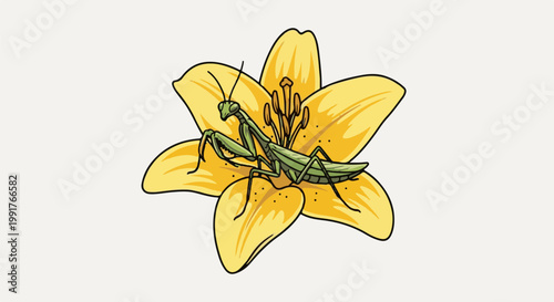 A green praying mantis rests on a bright yellow lily flower