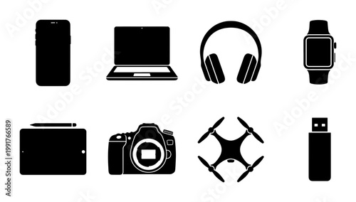 Minimalist technology device icons, black silhouette electronic gadgets set, digital hardware vector collection including smartphone and laptop