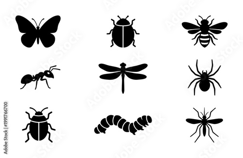 Minimalist insect icons set, black silhouette bug collection of 9 vector elements, butterfly bee and spider symbols for nature education and web design