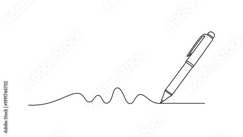 Continuous single line drawing of a ballpoint pen writing a wavy line.