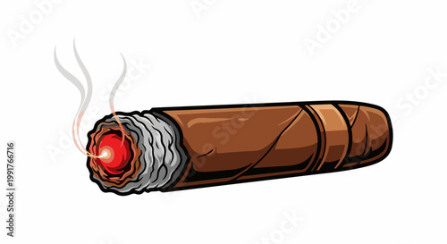 A lit brown cigar with wisps of smoke rising from its ember, on a white background