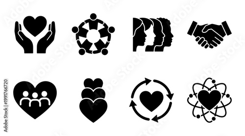 Community support and charity icons set, black solid vector symbols of kindness and teamwork, 8 nonprofit organization and social care elements